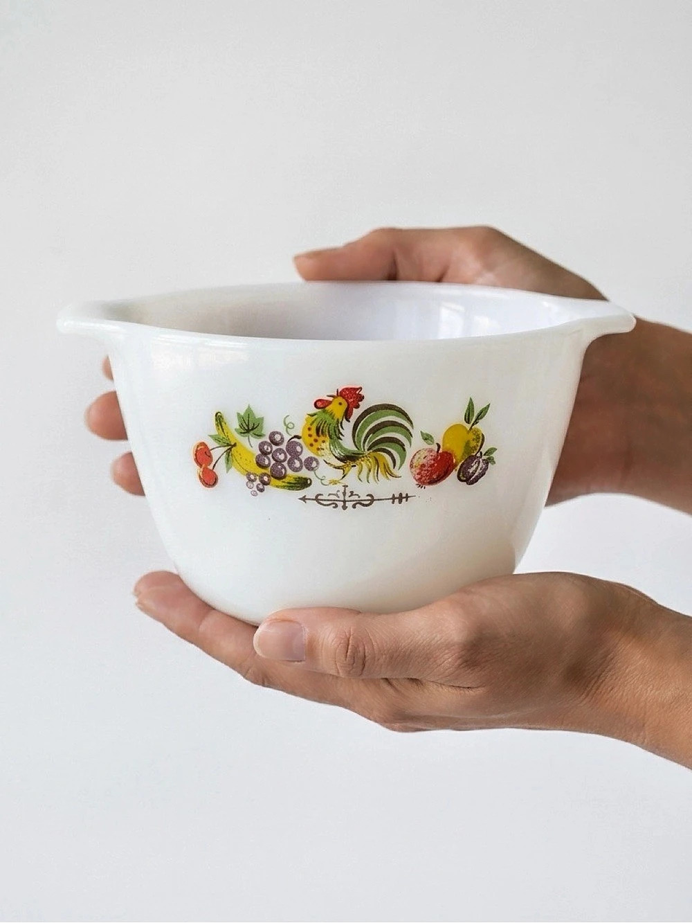 Vintage Fire-King Rooster & Fruit Milk Glass Batter Bowl